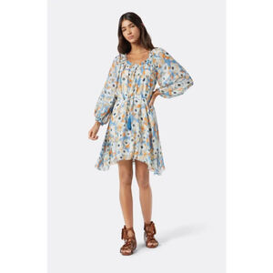 Joie Silk Floral Peasant Dress Blue Orange Tassel Tie Waist Size S